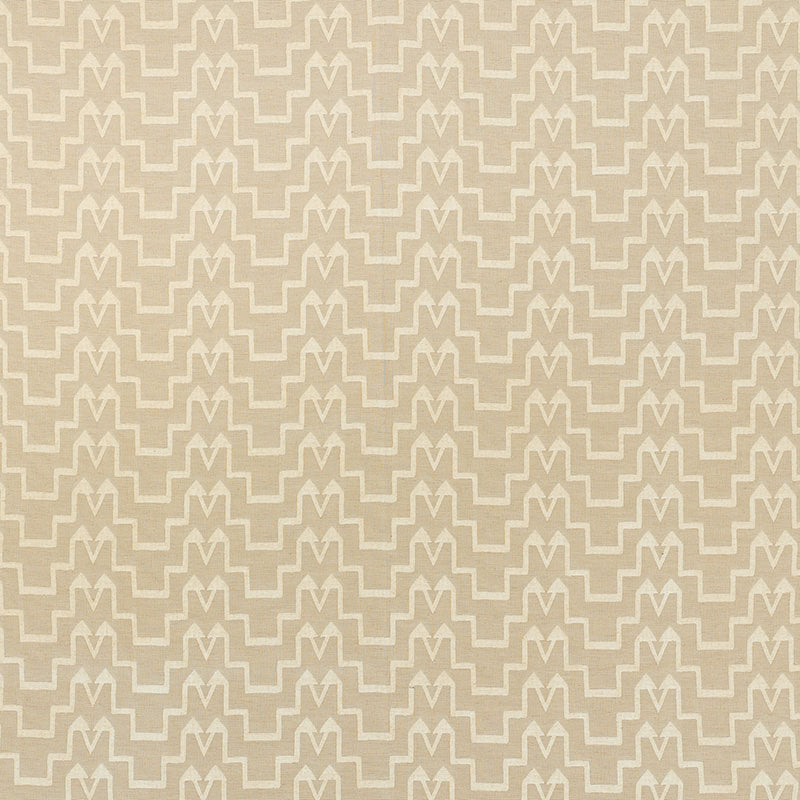 Beige ivory chenille woven fabric featuring a repeating cream chevron geometric pattern and soft textured weave.