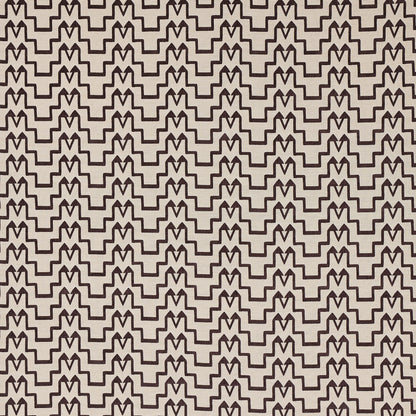 Beige fabric with a repeating dark brown interlocking zigzag M-pattern.