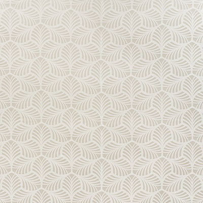 Cream wallpaper with repeating circular leaf motif in taupe, textured look.