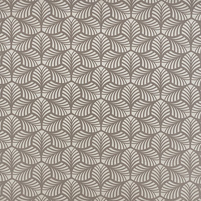 Taupe and beige interlocking leaf-arc pattern; seamless geometric wallpaper design with retro Art Deco vibe.