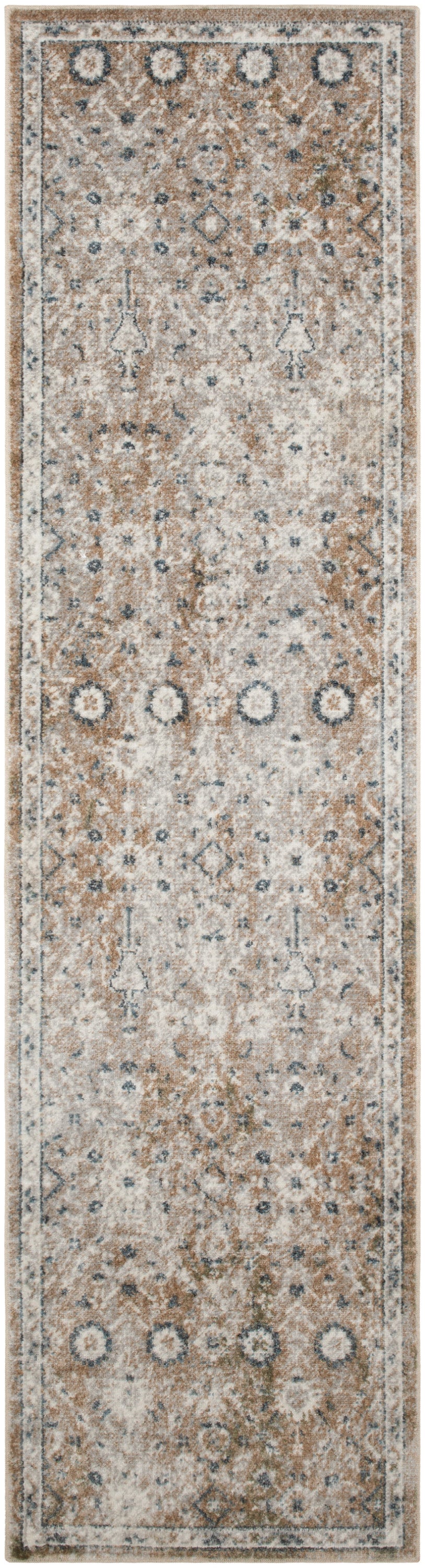 Beige Persian-style runner rug with intricate floral motifs, blue accents, & bordered edges, distressed look.