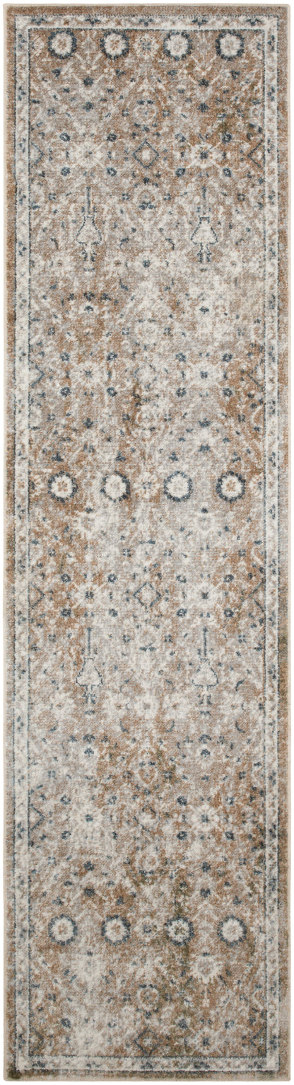 Beige Persian-style runner rug with intricate floral motifs, blue accents, & bordered edges, distressed look.