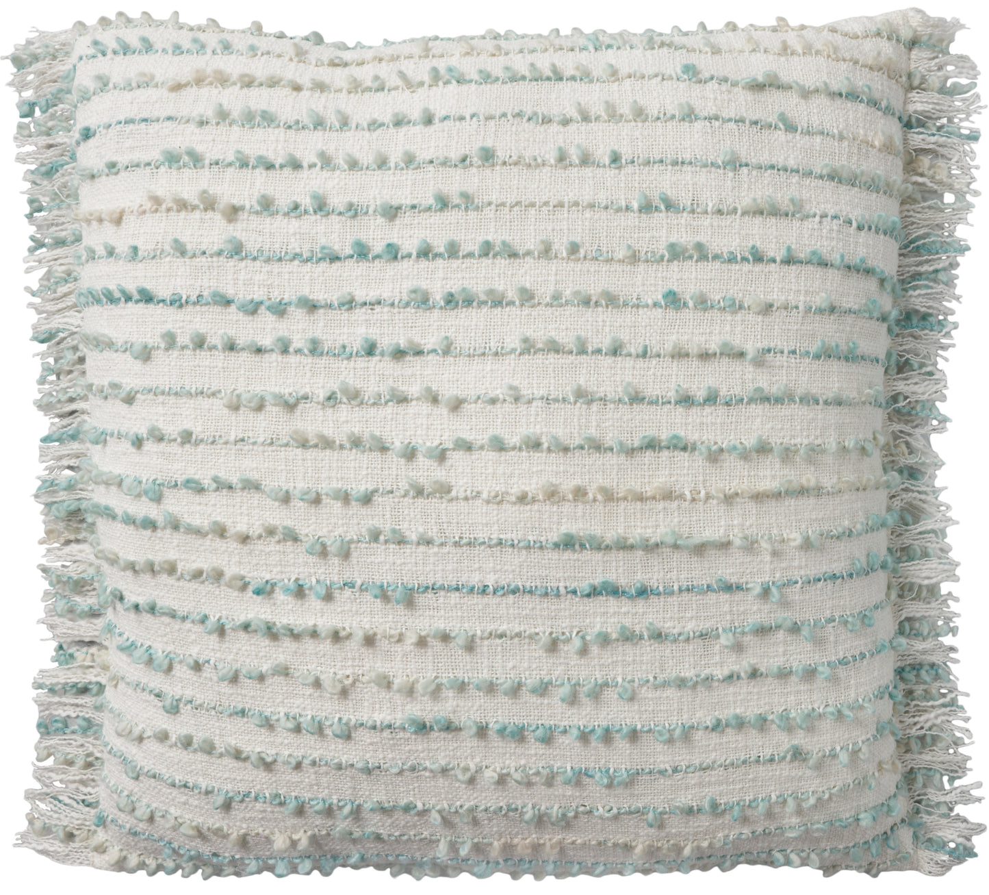 Aqua boucle pillow with pale blue horizontal stripes and fringe trim on all edges.