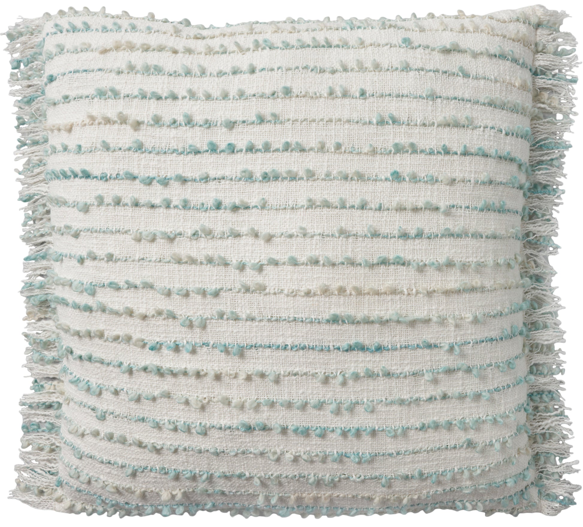 Aqua boucle pillow with pale blue horizontal stripes and fringe trim on all edges.