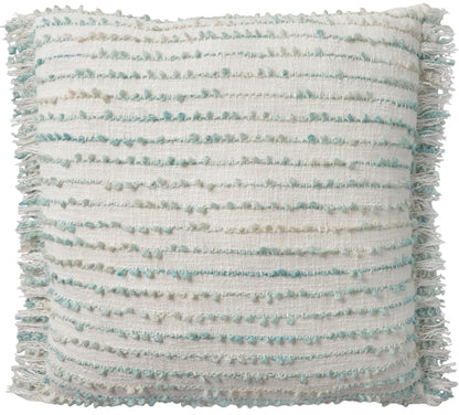 Aqua boucle pillow with pale blue horizontal stripes and fringe trim on all edges.