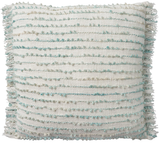 Aqua boucle pillow with pale blue horizontal stripes and fringe trim on all edges.