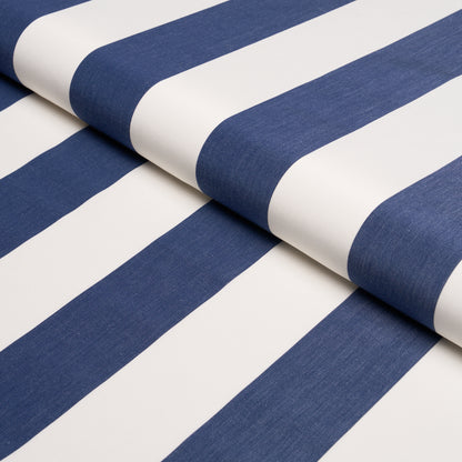 Navy blue and white striped fabric, folded on a roll; bold wide stripes, woven textile for upholstery or home decor.