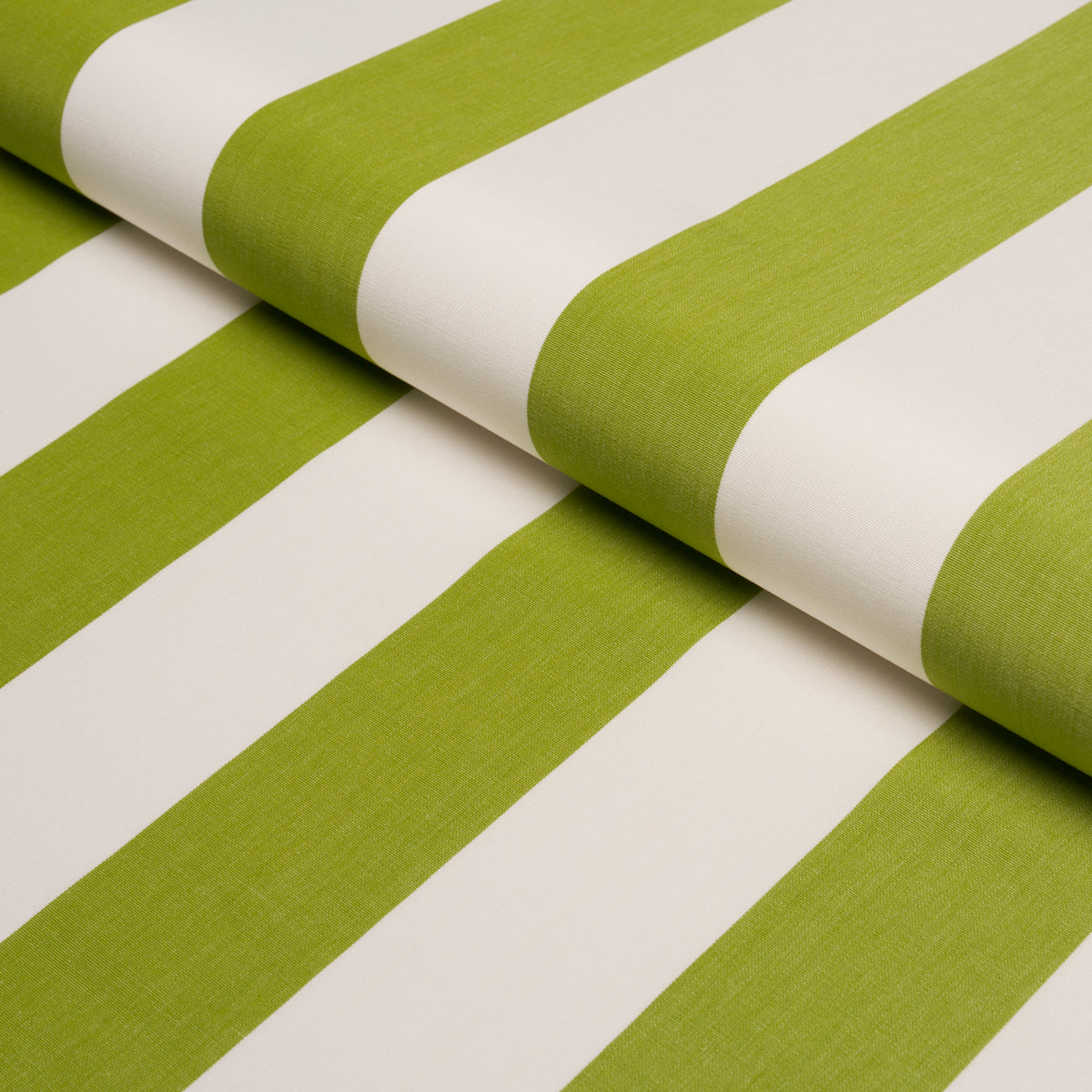 Fabric roll with lime green and white wide stripes, bold modern textile for upholstery or drapery.