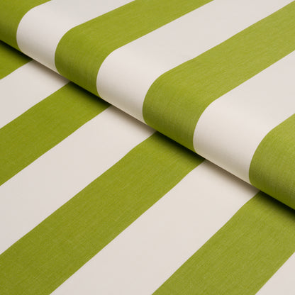 Fabric roll with lime green and white wide stripes, bold modern textile for upholstery or drapery.