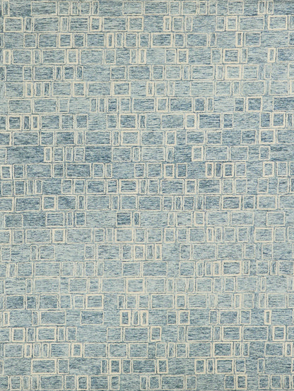 Blue woven rug with cream rectangular mosaic pattern in a geometric tile-like design.
