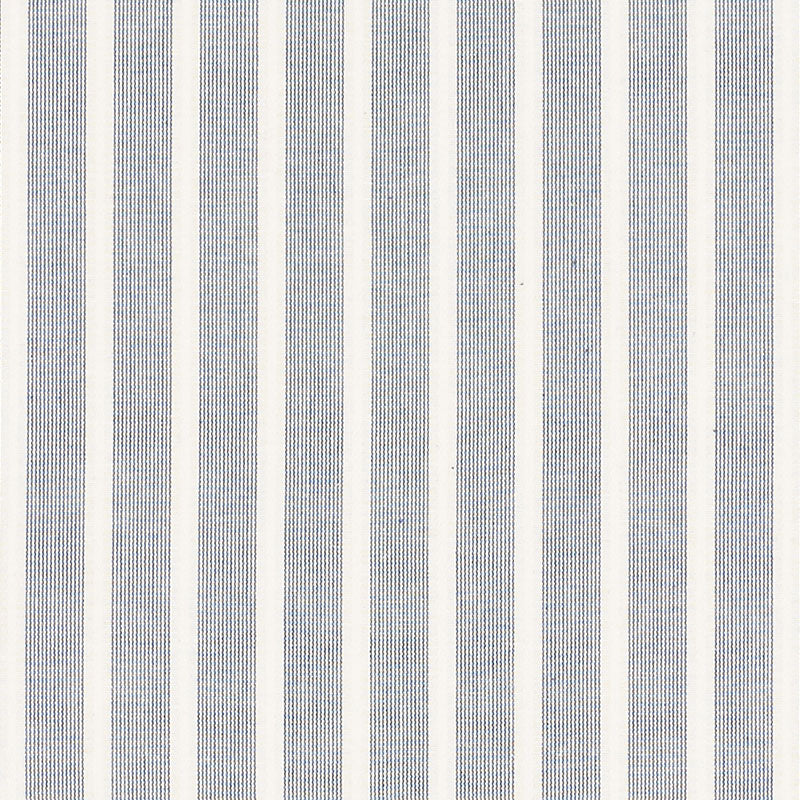 Blue and white vertical striped textile fabric with narrow blue stripes, nautical style.