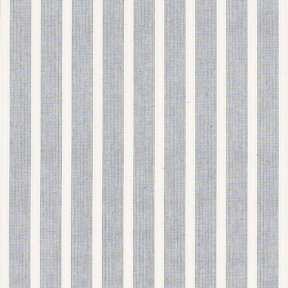 Blue and white vertical striped textile fabric with narrow blue stripes, nautical style.