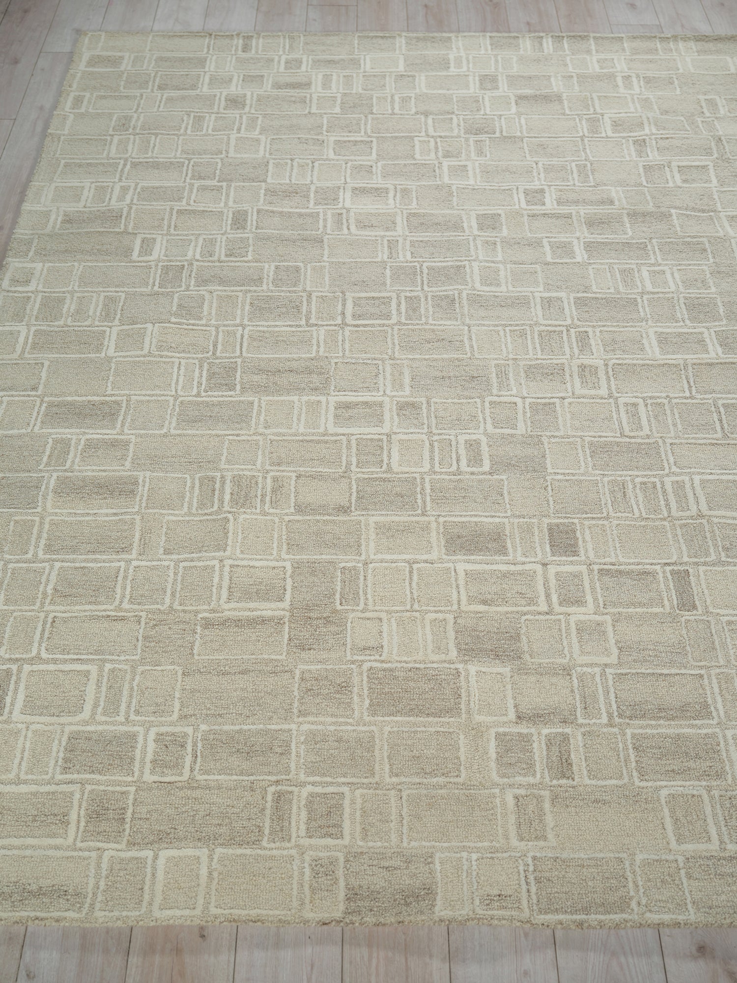 Beige area rug with cream geometric grid of squares and rectangles, soft textured look, modern living room decor.