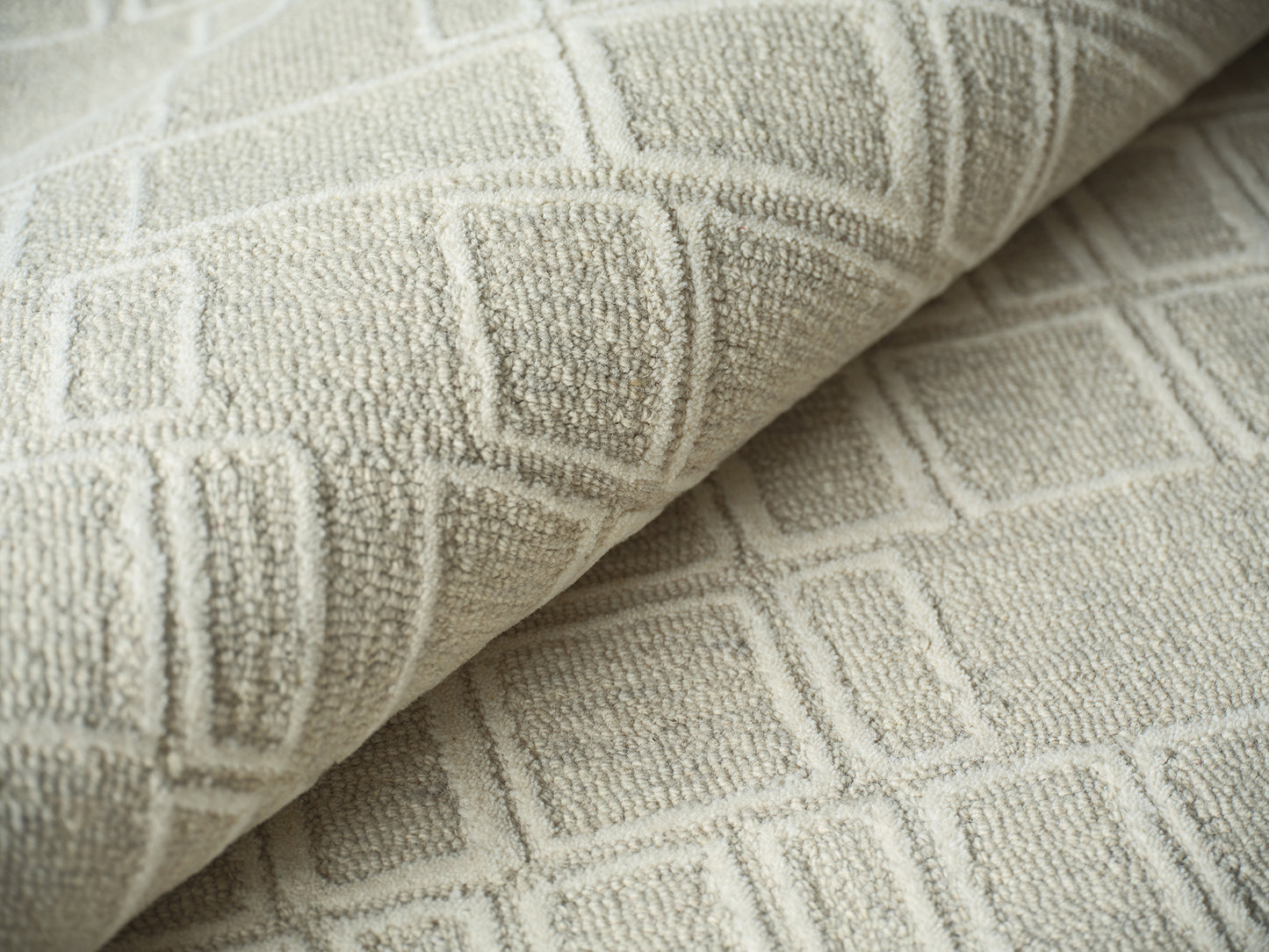 Beige hand-tufted rug with a raised geometric square grid pattern in plush pile, 4' x 6'.