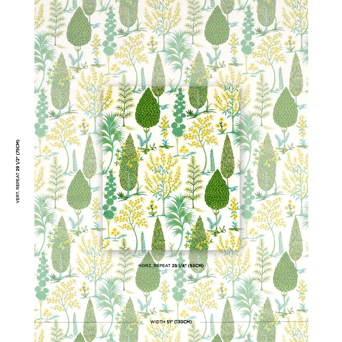 Cream embroidery featuring a botanical pattern with stylized green trees and yellow blossoms; a repeating forest motif.