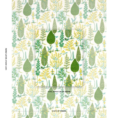 Cream embroidery featuring a botanical pattern with stylized green trees and yellow blossoms; a repeating forest motif.