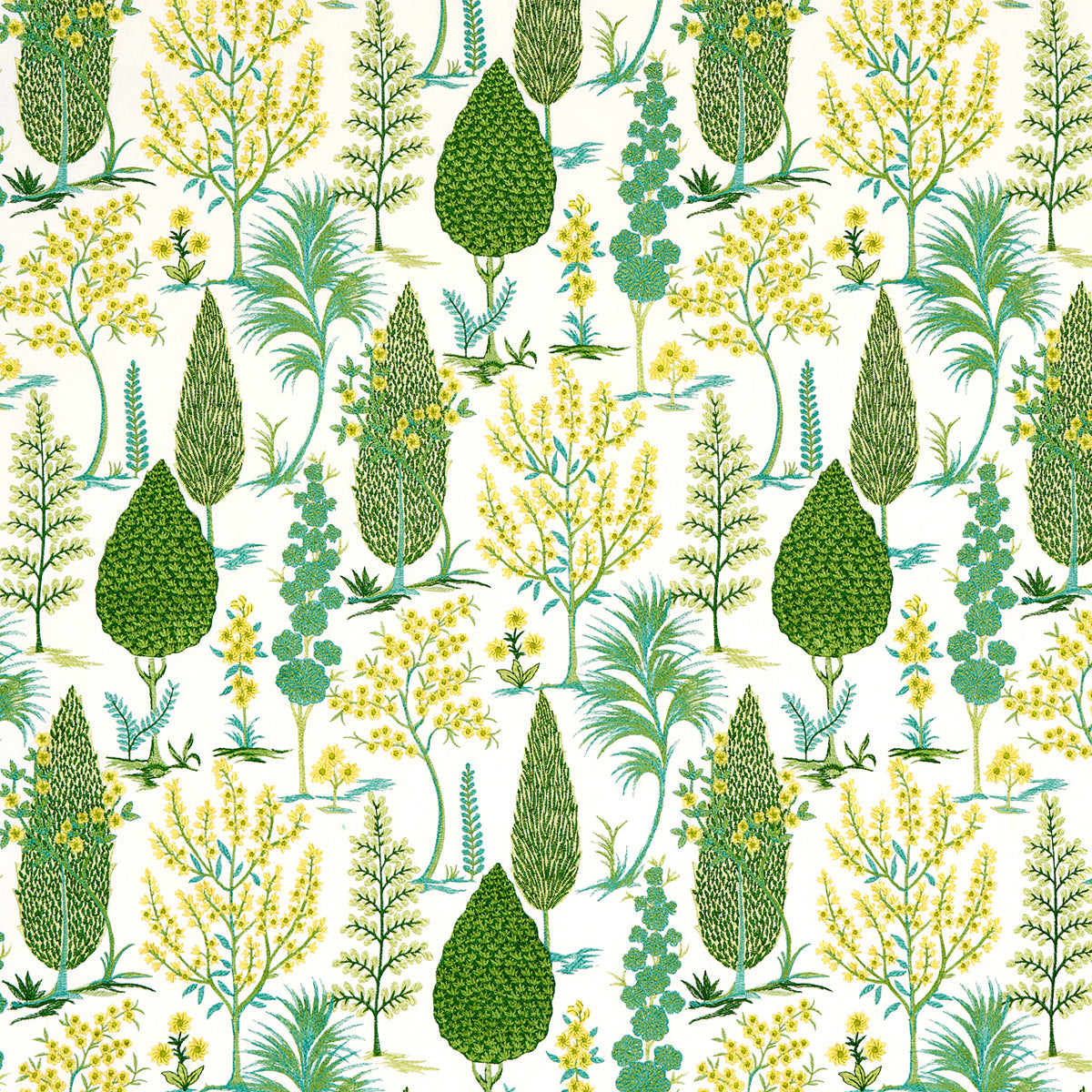 Botanical fabric print with lush green trees and yellow flowering shrubs on a light background.