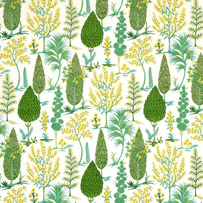 Botanical fabric print with lush green trees and yellow flowering shrubs on a light background.