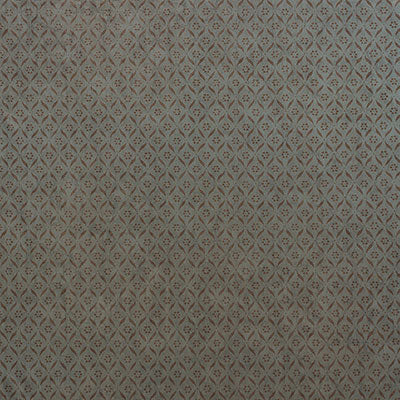 Gray jacquard fabric with a small repeating diamond/leaf motif in muted red and blue.