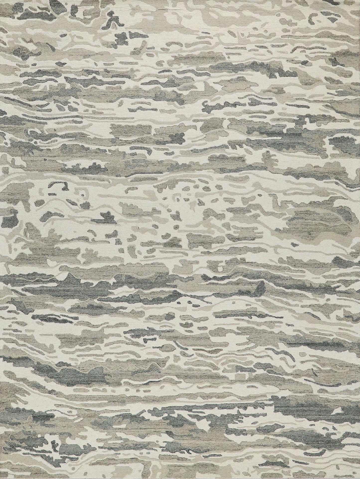 Modern abstract area rug in beige, gray and taupe with irregular, flowing wave patterns.