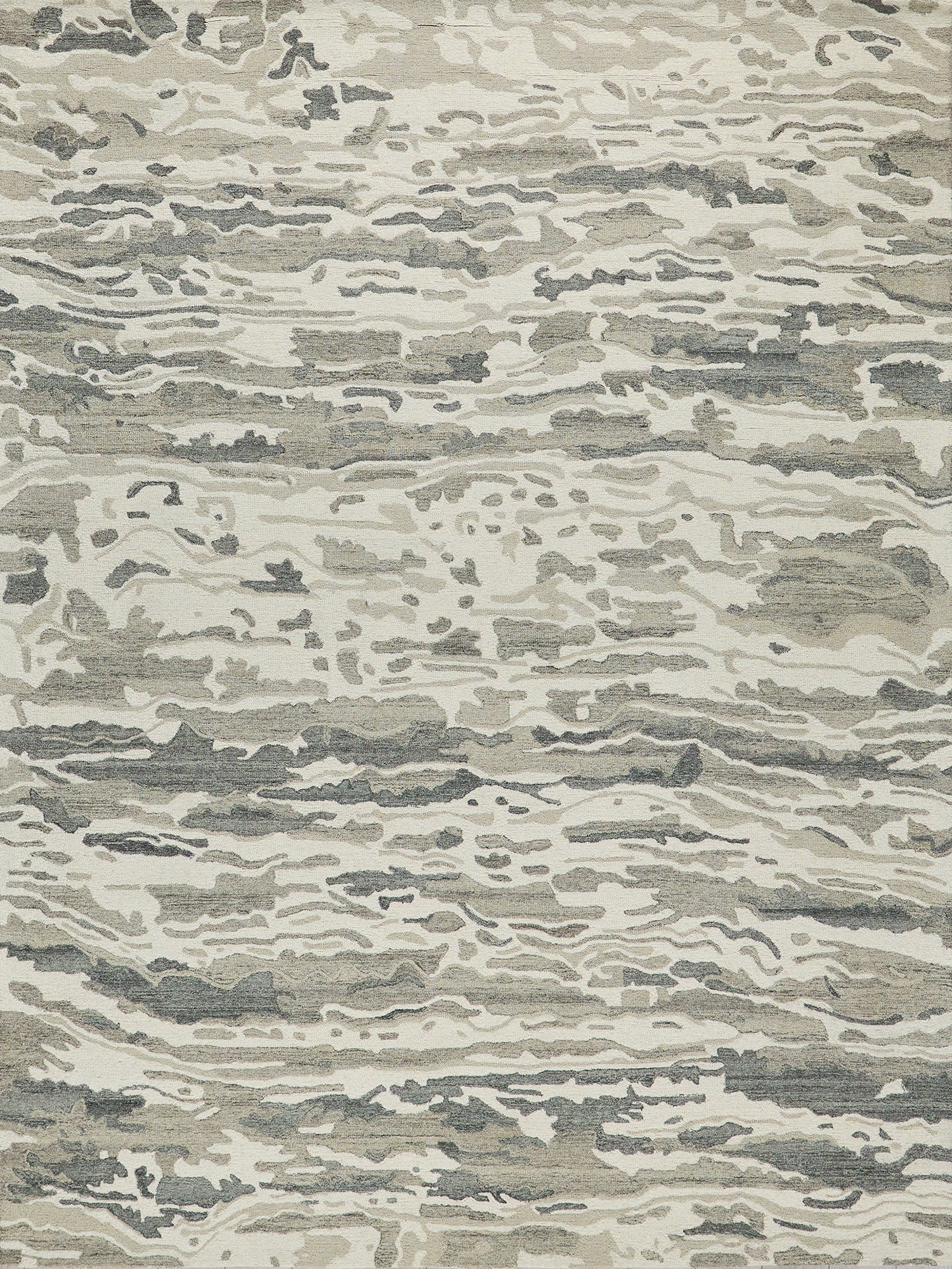 Modern abstract area rug in beige, gray and taupe with irregular, flowing wave patterns.