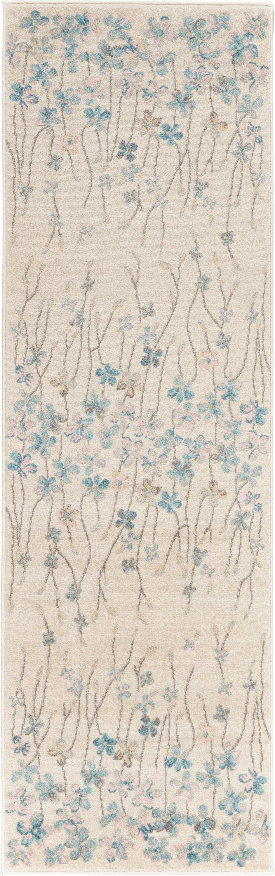 Cream runner rug with blue blossoms on brown stems; soft plush pile, delicate botanical design.