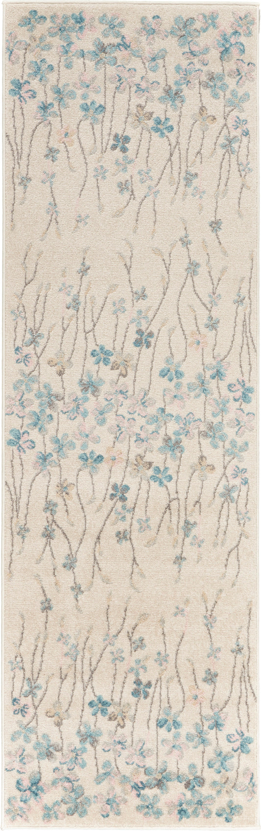 Cream runner rug with blue blossoms on brown stems; soft plush pile, delicate botanical design.