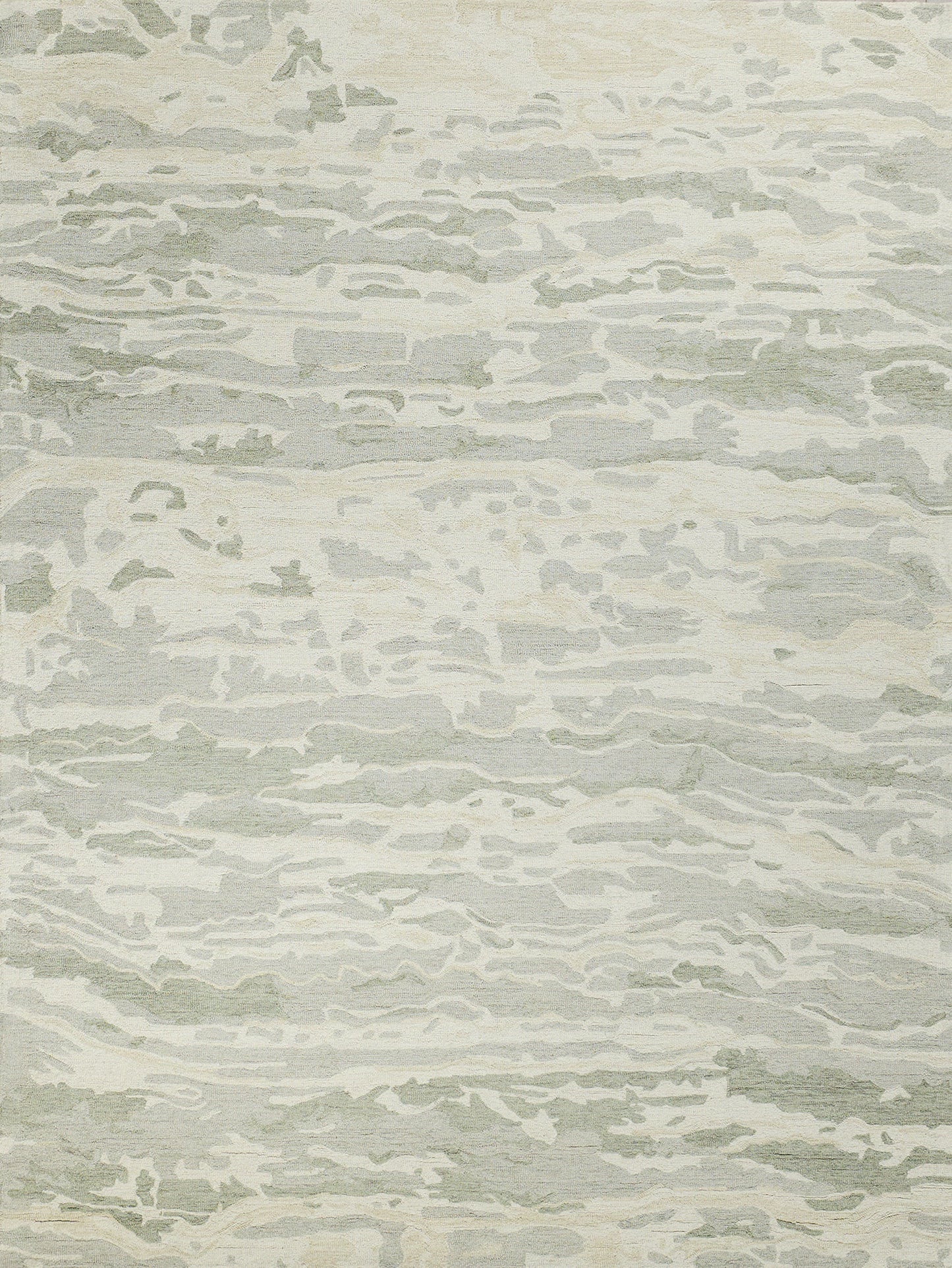 Soft-textured gray and ivory hand-tufted rug with irregular, painterly stripes; indoor area rug.