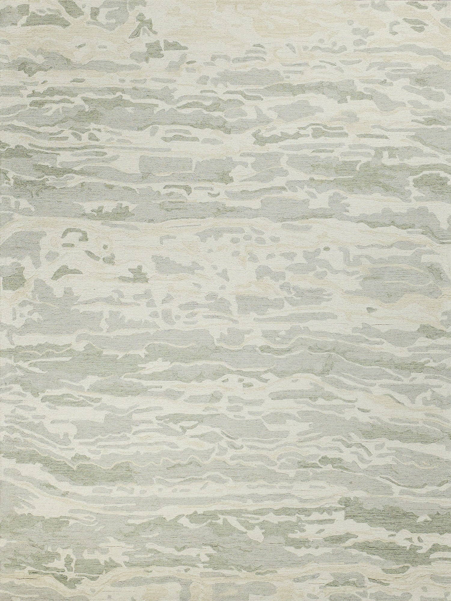Beige and gray abstract rug with soft, wavy patterns; contemporary, versatile living room decor.