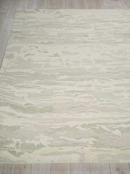 Rectangular cream and pale gray abstract-pattern rug with a soft woven texture; versatile living room decor.