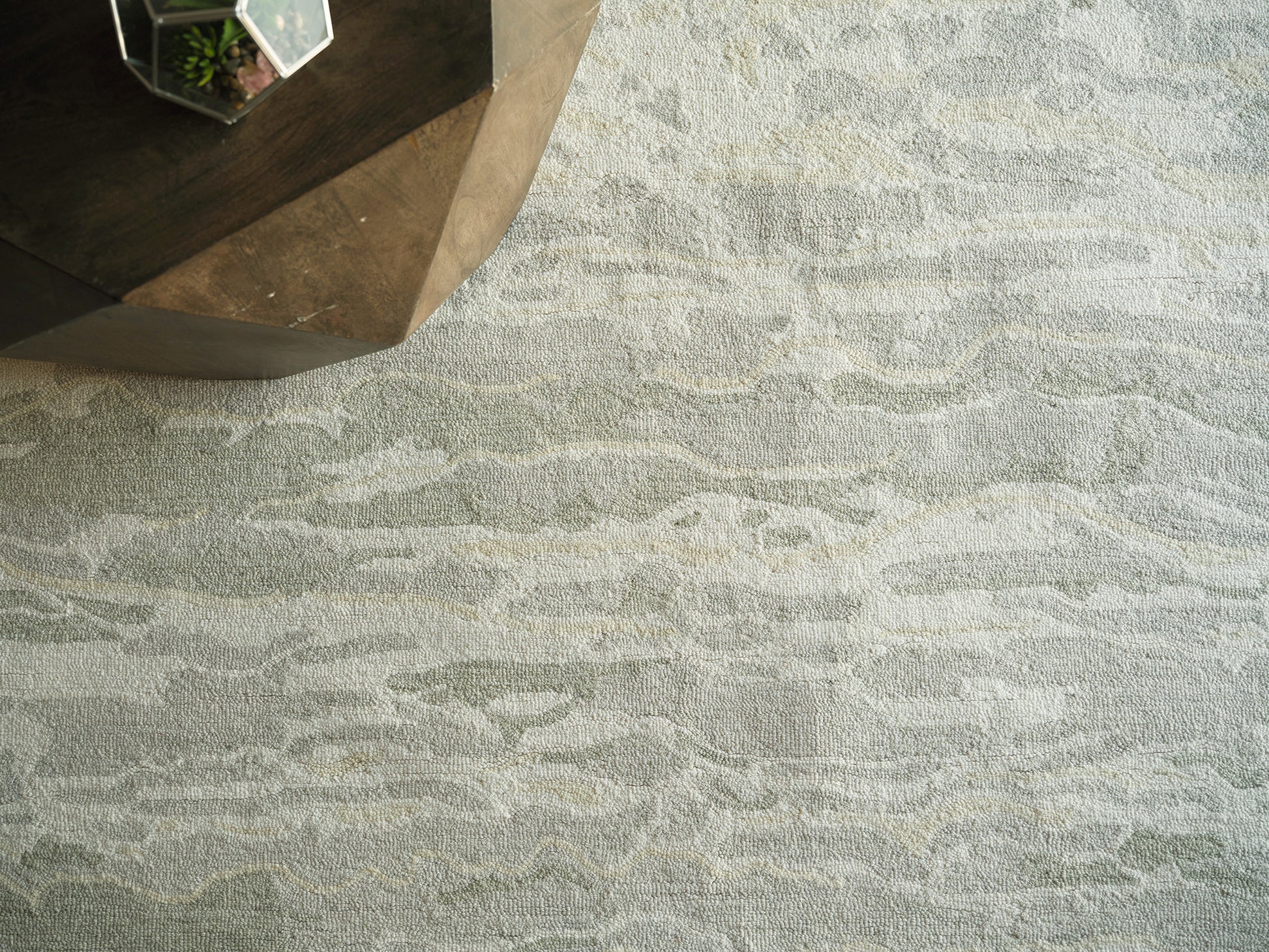 Light gray and ivory marbled area rug with soft pile; modern contemporary living room decor.