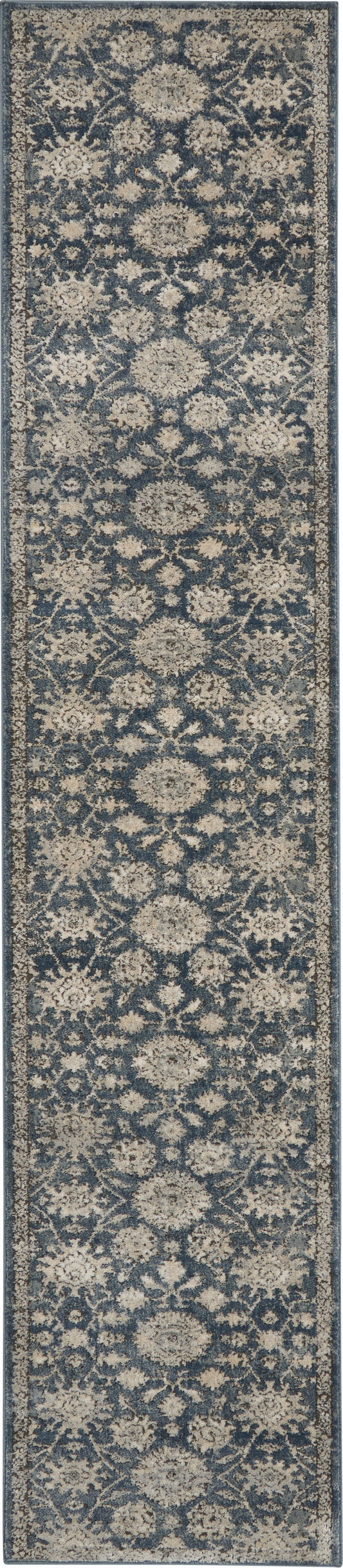 Navy blue runner rug with beige floral medallions and an ornate border in traditional oriental style.