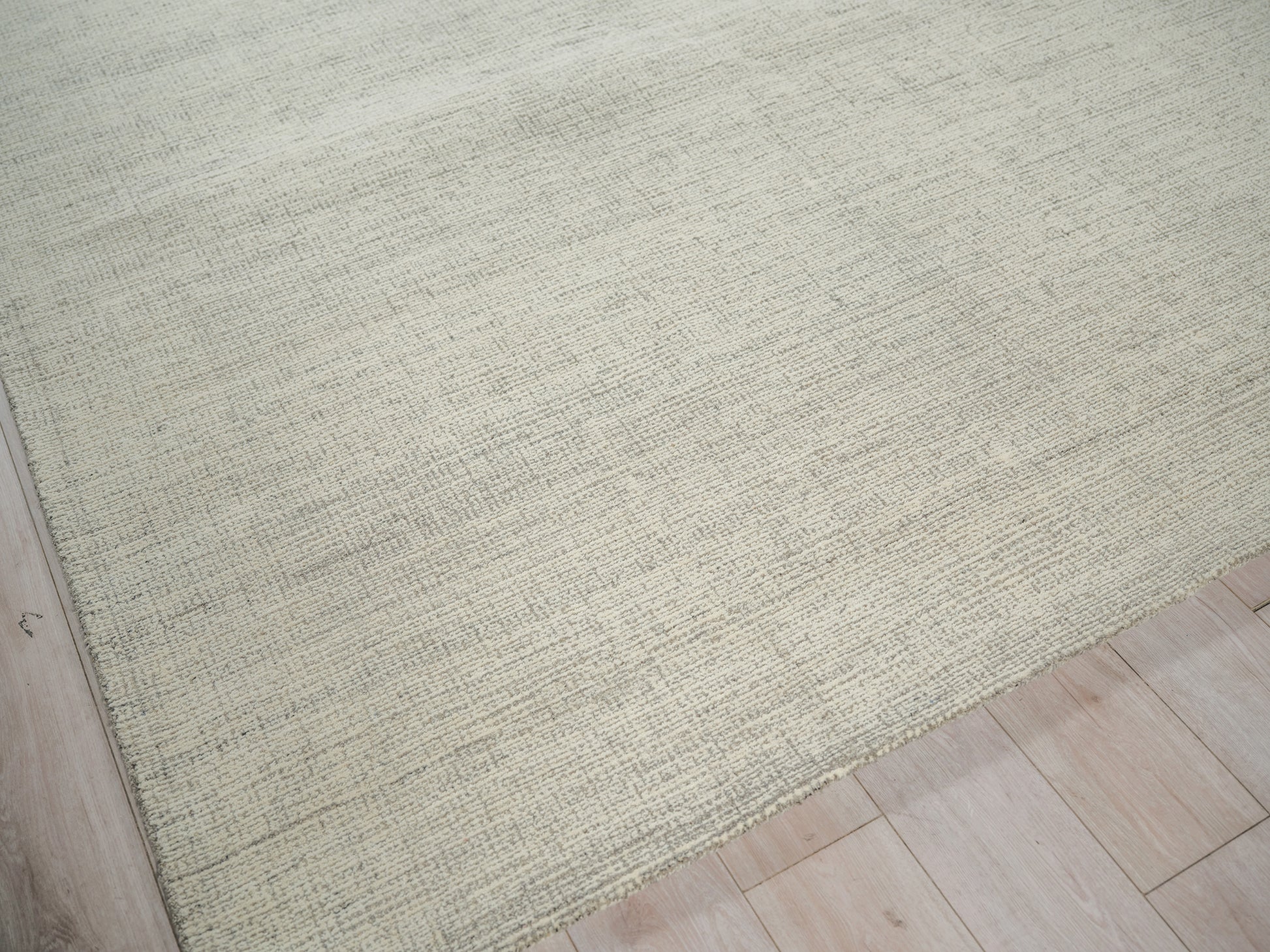 Beige textured area rug with subtle linear weave on light wood floor.