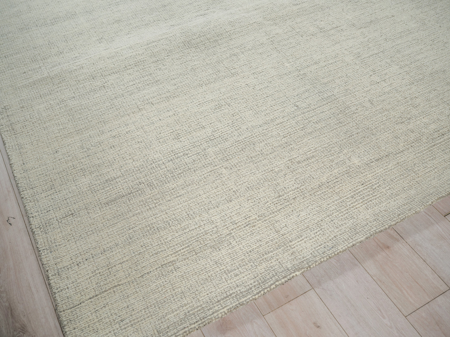 Beige indoor hand-tufted area rug, 2' x 3', textured with a subtle linear pattern on a light wood floor.