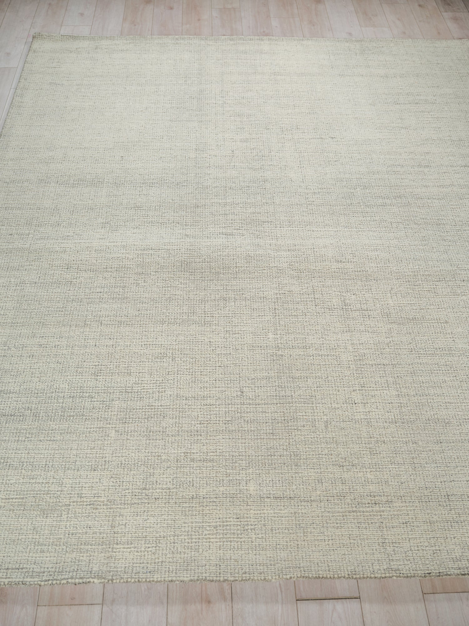 Beige hand-tufted rug with a subtle textured pattern on light wood floor, 6' x 9'.