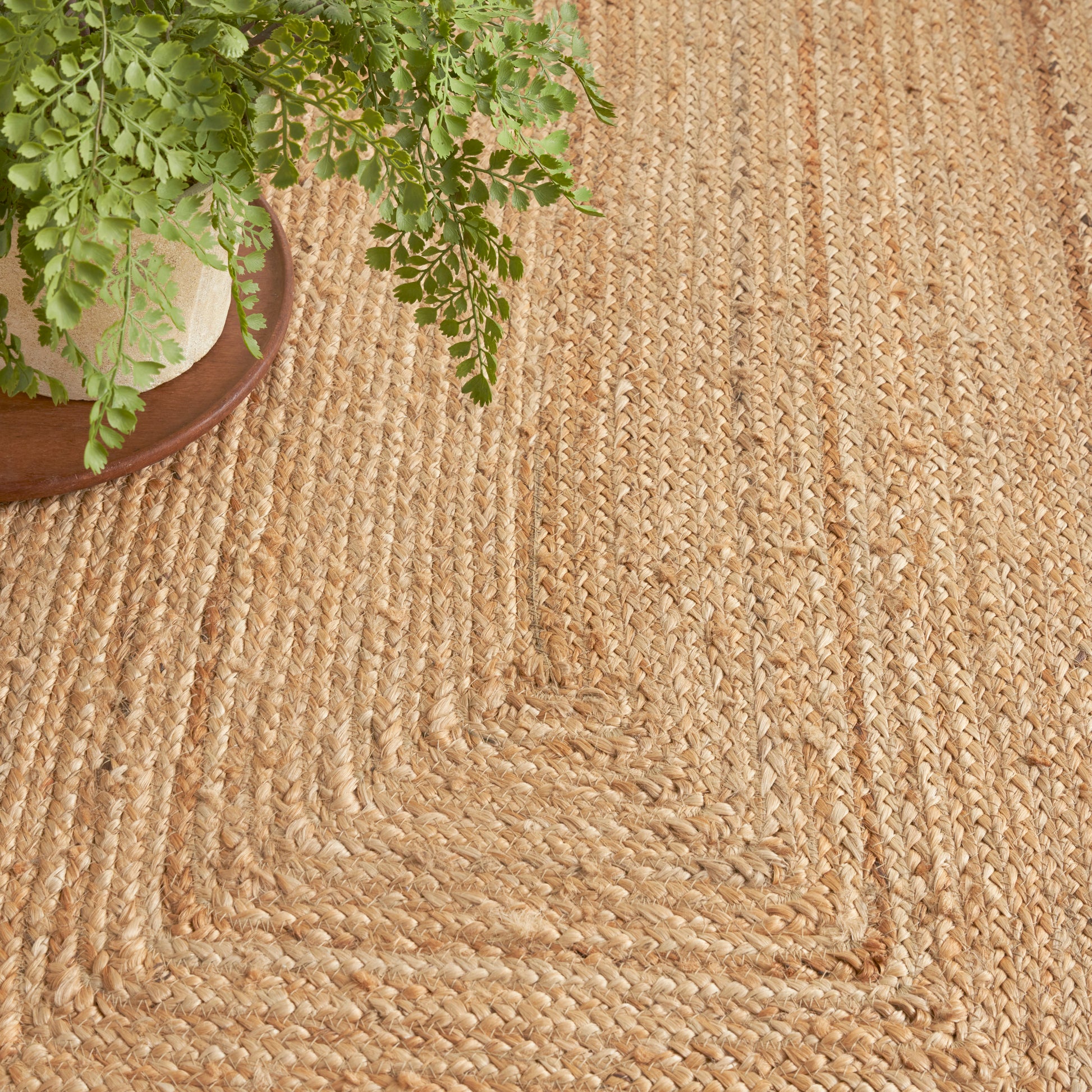 Natural beige braided jute rug with square border; green fern in a ceramic pot on a wooden tray.