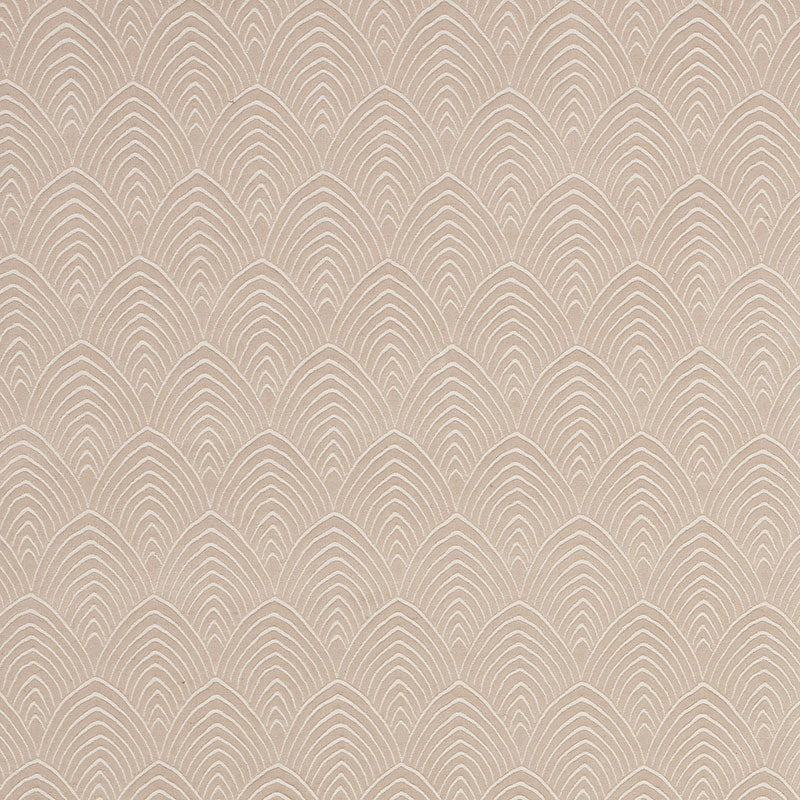 Beige wallpaper featuring a repeating cream scallop/arch pattern with subtle texture.