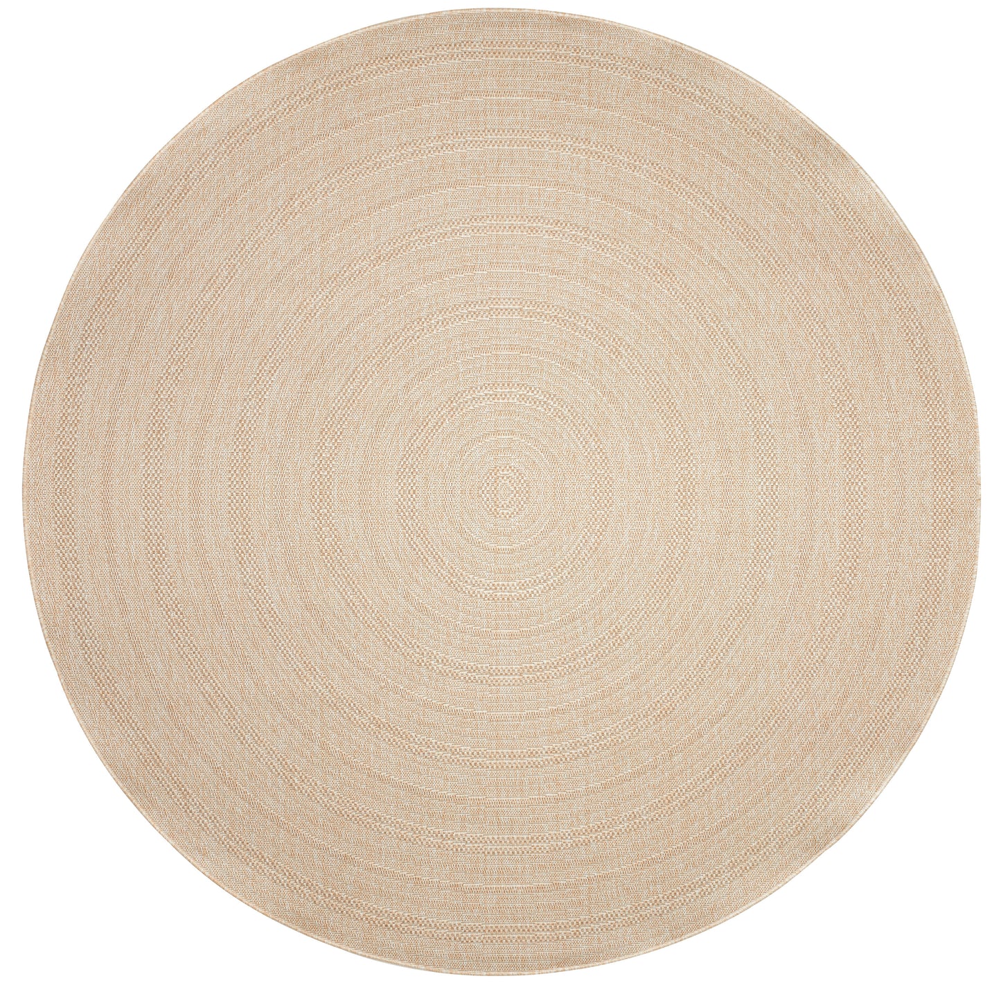 Round natural beige jute rug with concentric woven rings.