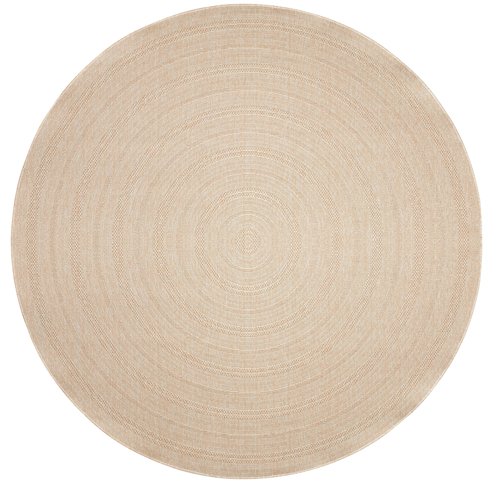 Round natural beige jute rug with concentric woven rings.