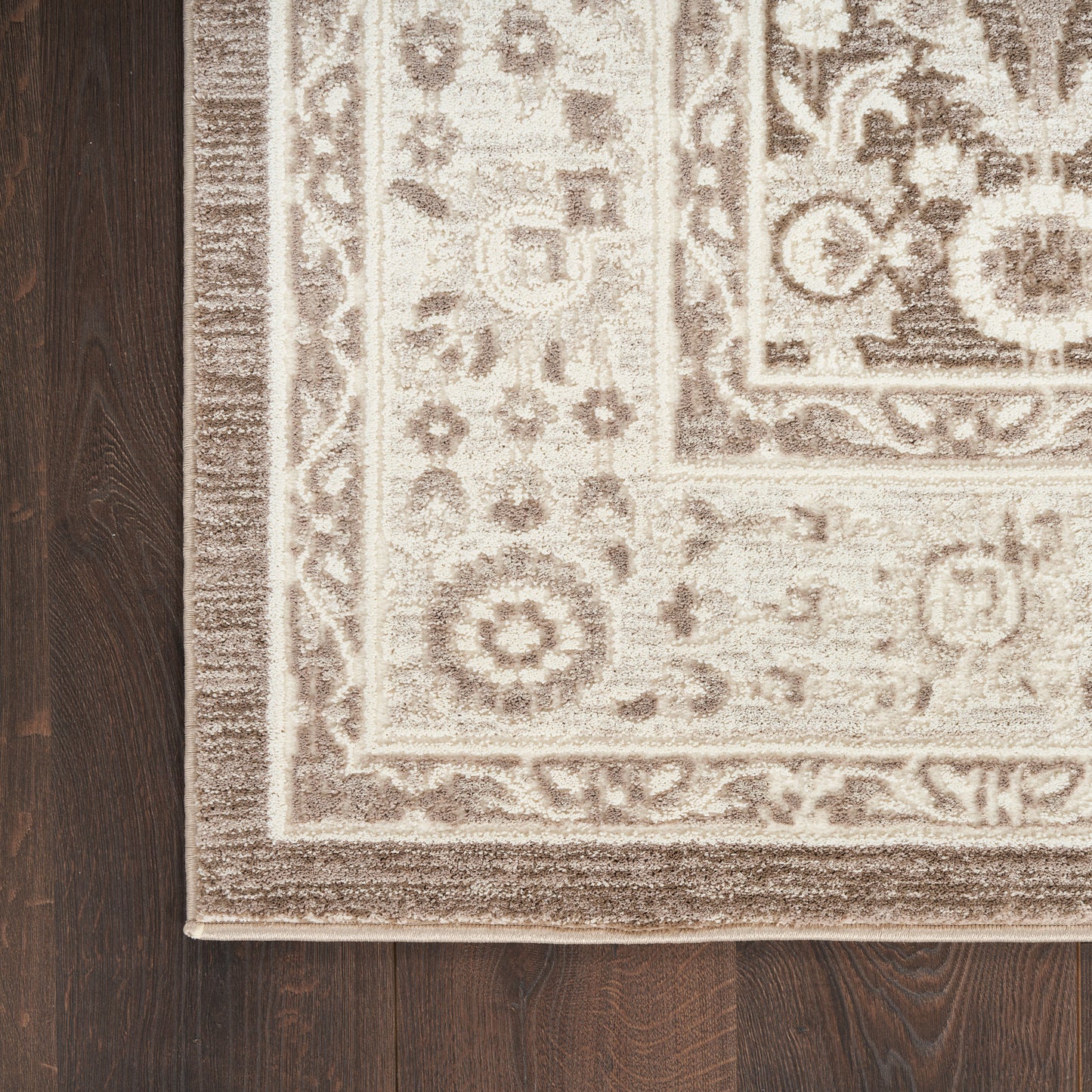 Beige and cream rectangular rug with intricate floral border on dark wood floor.