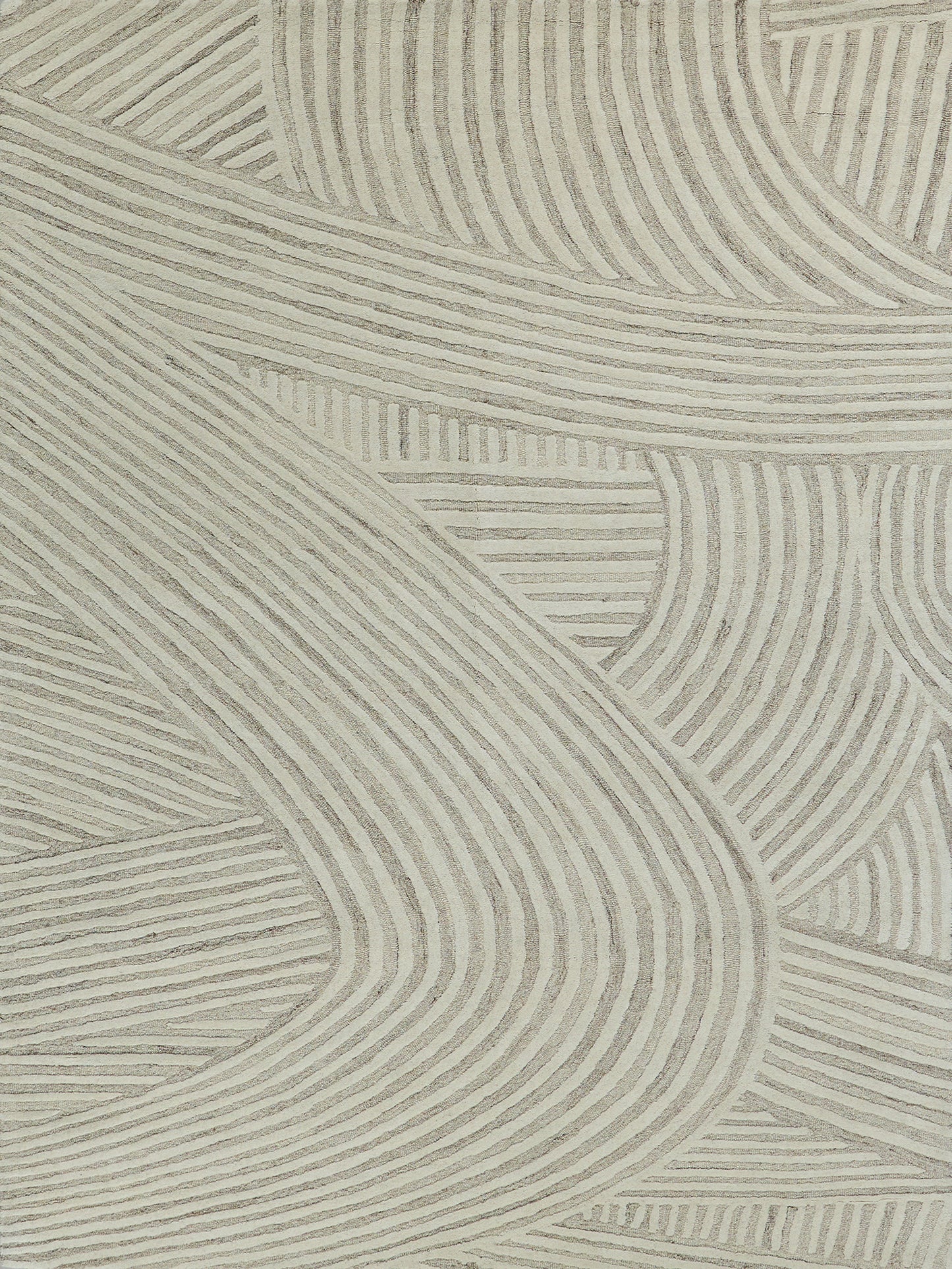 Beige area rug with abstract, wavy linear pattern and textured stripes.