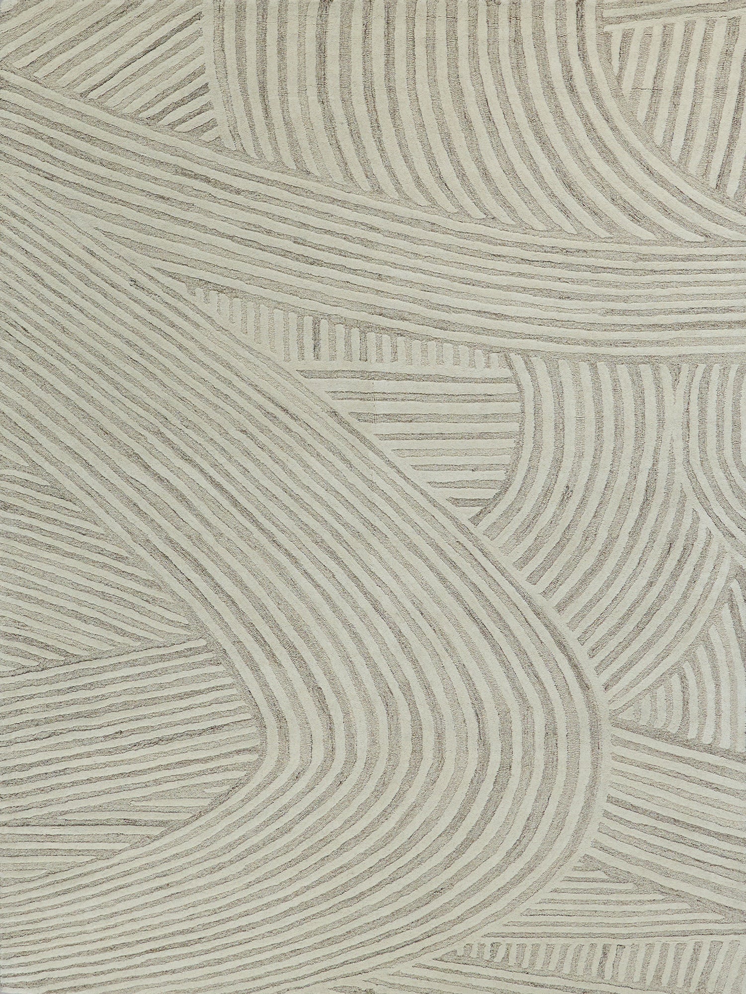 Beige area rug with abstract, wavy linear pattern and textured stripes.
