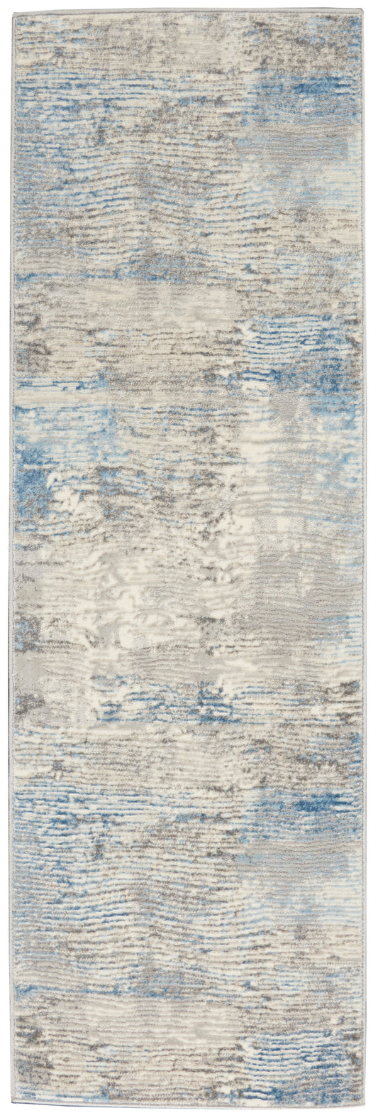 Abstract blue, beige and gray runner rug with distressed, washed texture.