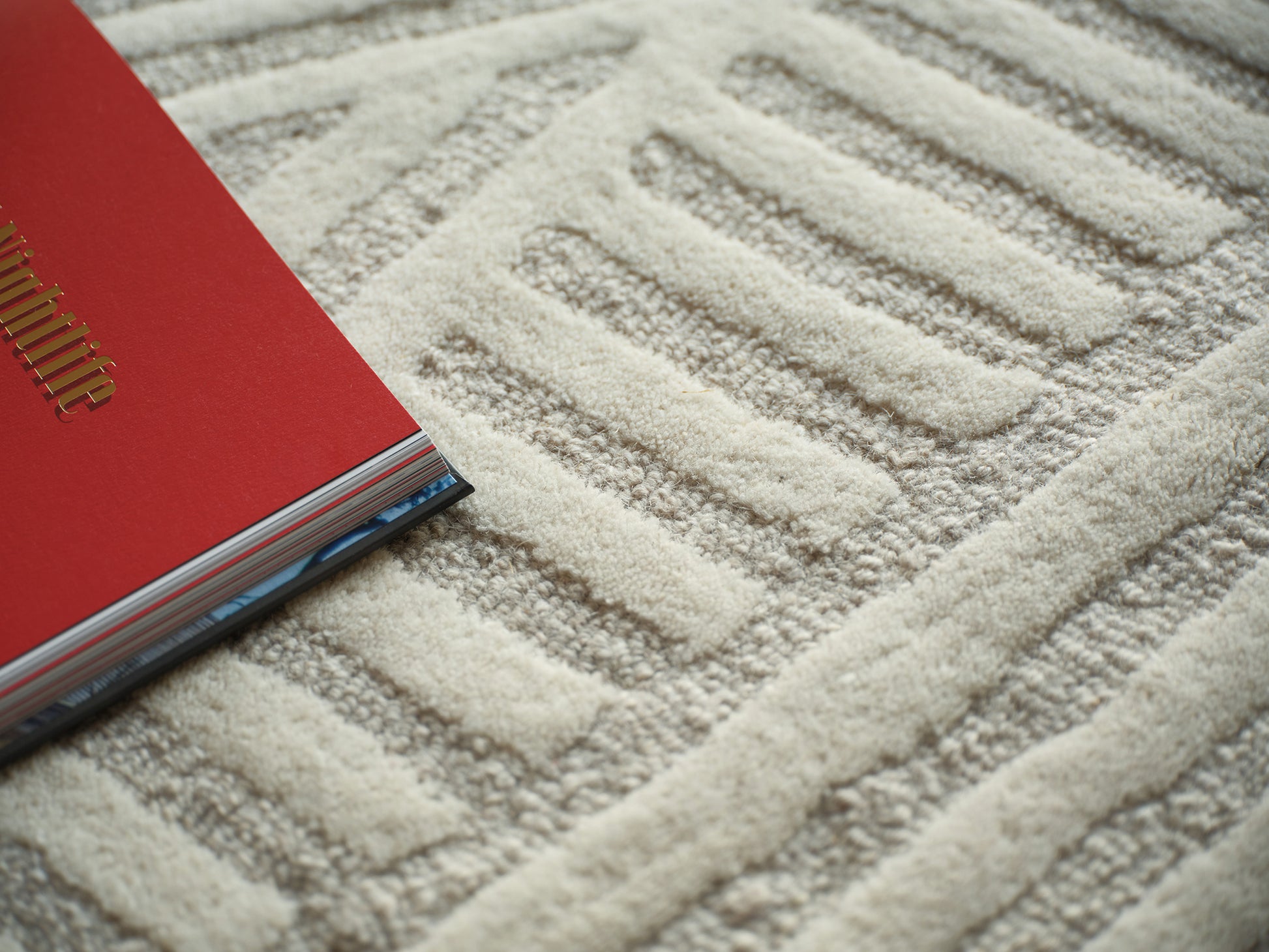 Beige textured rug with a geometric pattern.