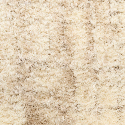 Beige shag rug with long fluffy pile for a cozy living room decor.