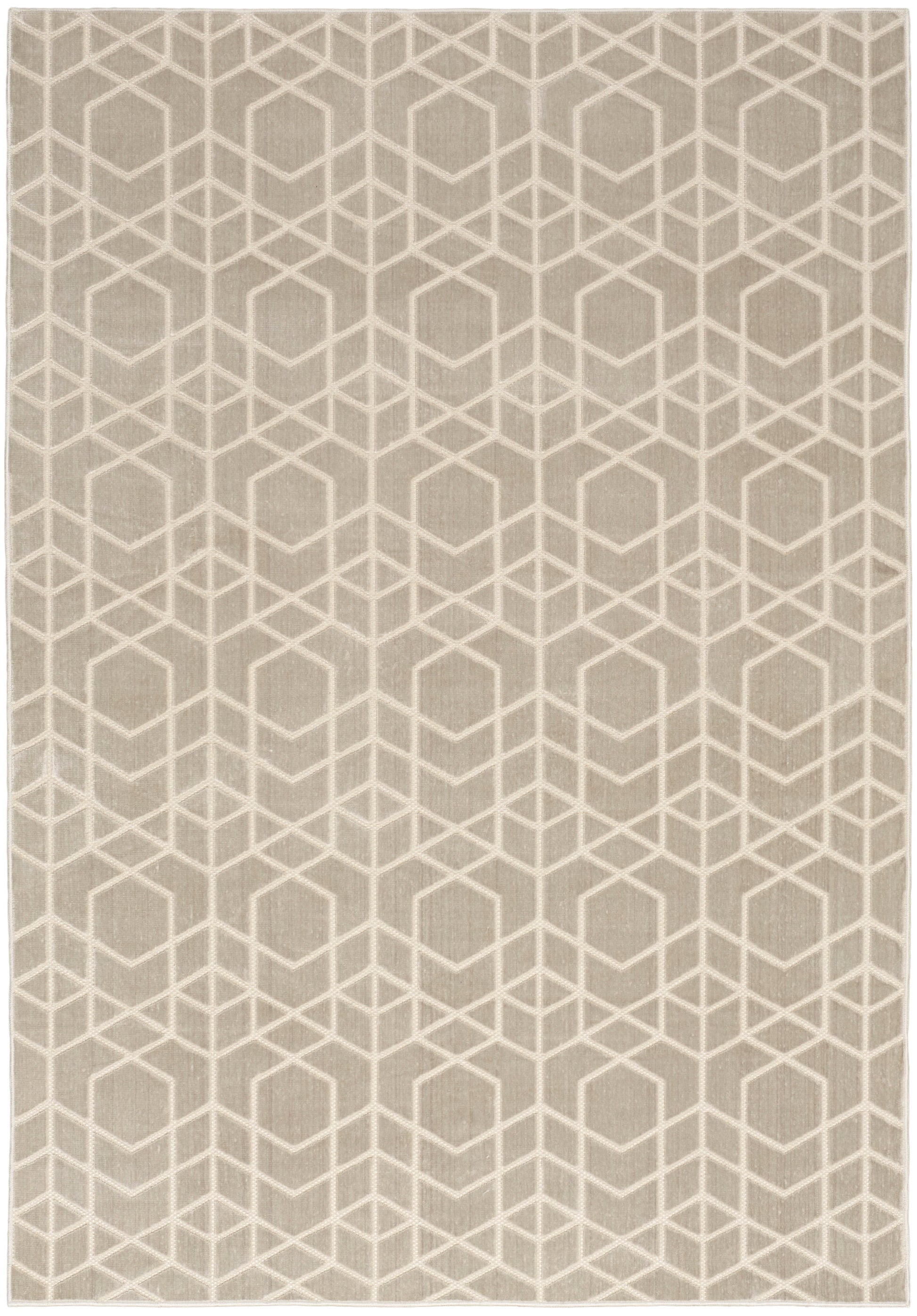 Beige area rug with white geometric cube hexagon pattern, soft woven texture, modern contemporary style.