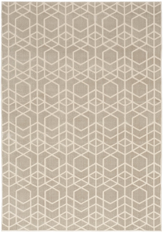 Beige area rug with white geometric cube hexagon pattern, soft woven texture, modern contemporary style.