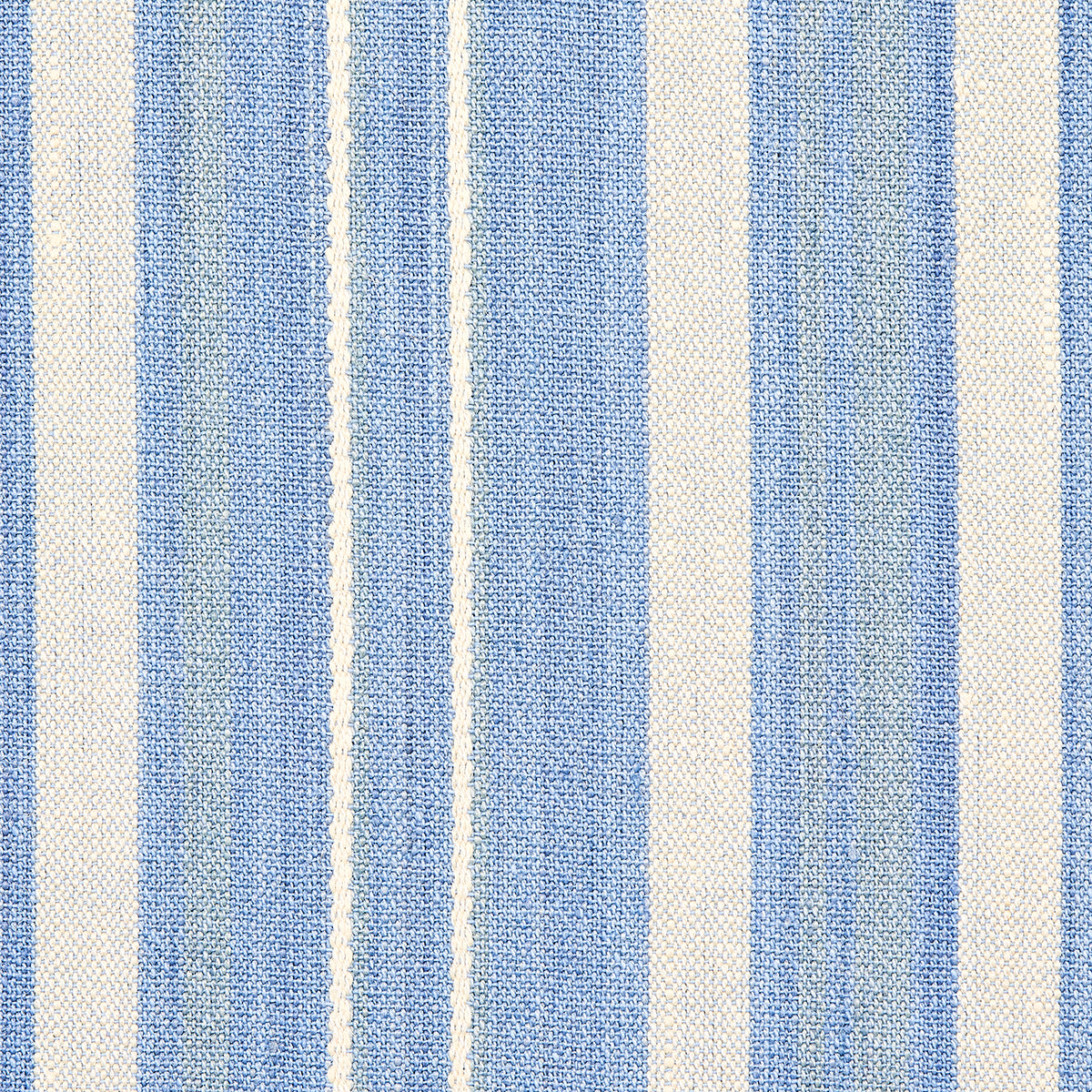 Blue and cream striped woven fabric with alternating broad blue and ivory stripes, textured cotton-style textile.