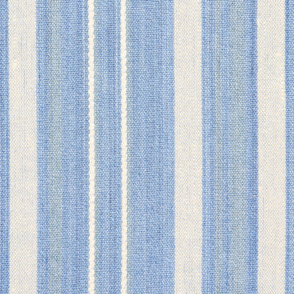Blue and cream striped woven fabric with alternating broad blue and ivory stripes, textured cotton-style textile.