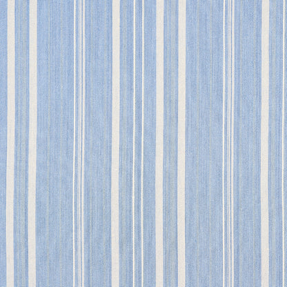 Blue and white vertical striped fabric with alternating light blue and white stripes, woven texture.